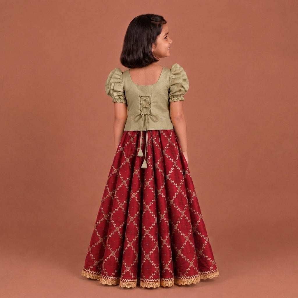 Timtim x Tyohaar | Oyster Grey & Berry Red Chandheri-Brocade Ruffle Sleeve Lehenga Set