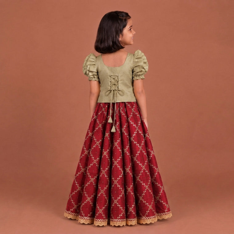 Timtim x Tyohaar | Oyster Grey & Berry Red Chandheri-Brocade Ruffle Sleeve Lehenga Set