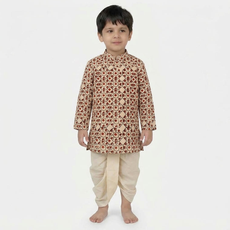 Vyan x Tyohaar | Kurta & Dhoti Pant Set in Cream & Red Geometric Block Print Cotton & Linen