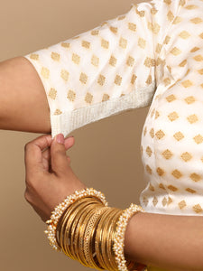 Fatima x Tyohaar | Elbow Sleeves Satin Viscose Saree Blouse in Cream Butta Fabric