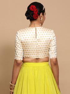 Riti x Tyohaar | Elbow Sleeves Satin Viscose Saree Blouse in Cream Butta Fabric