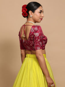 Zaina x Tyohaar | Elbow Sleeves Satin Viscose Saree Blouse in Red Meenakari Fabric