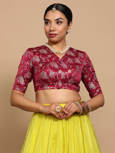 Vani x Tyohaar | Elbow Sleeves Satin Viscose Saree Blouse in Red Meenakari Fabric