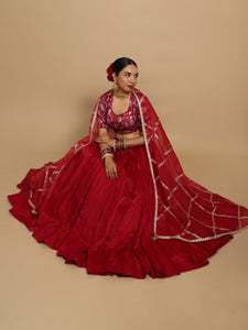 Saanvi x Tyohaar | Elbow Sleeves Satin Viscose Saree Blouse in Red Meenakari Fabric