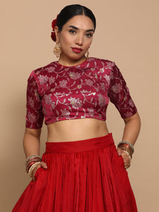 Kavi x Tyohaar | Elbow Sleeves Satin Viscose Saree Blouse in Red Meenakari Fabric