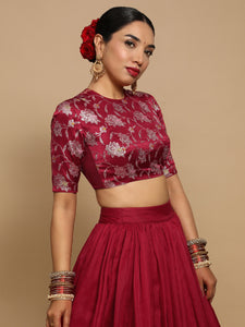 Ridhi x Tyohaar | Elbow Sleeves Satin Viscose Saree Blouse in Red Meenakari Fabric