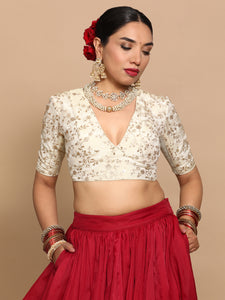 Yasmin x Tyohaar | Elbow Sleeves Satin Viscose Saree Blouse in Gold Vine Embroidery on Cream Tissue Fabric