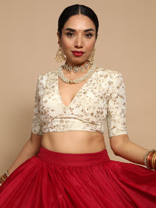 Yasmin x Tyohaar | Elbow Sleeves Satin Viscose Saree Blouse in Gold Vine Embroidery on Cream Tissue Fabric