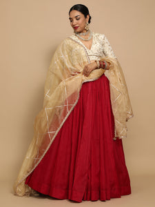 Yasmin x Tyohaar | Elbow Sleeves Satin Viscose Saree Blouse in Gold Vine Embroidery on Cream Tissue Fabric