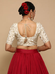 Kiara x Tyohaar | Elbow Sleeves Satin Viscose Saree Blouse in Gold Vine Embroidery on Cream Tissue Fabric