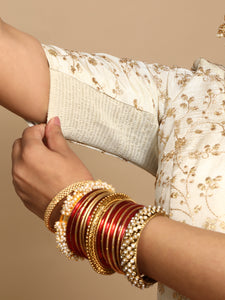 Kiara x Tyohaar | Elbow Sleeves Satin Viscose Saree Blouse in Gold Vine Embroidery on Cream Tissue Fabric