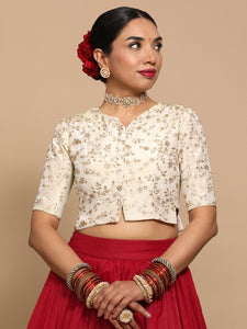 Ojal x Tyohaar | Elbow Sleeves Satin Viscose Saree Blouse in Gold Vine Embroidery on Cream Tissue Fabric