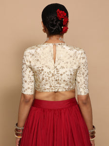 Veda x Tyohaar | Elbow Sleeves Satin Viscose Saree Blouse in Gold Vine Embroidery on Cream Tissue Fabric