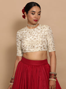 Veda x Tyohaar | Elbow Sleeves Satin Viscose Saree Blouse in Gold Vine Embroidery on Cream Tissue Fabric