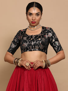 Saanvi x Tyohaar | Elbow Sleeves Satin Viscose Saree Blouse in Black Meenakari Fabric