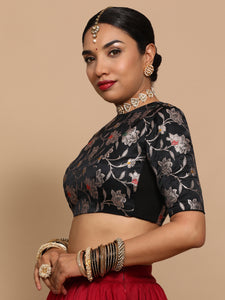 Kavi x Tyohaar | Elbow Sleeves Satin Viscose Saree Blouse in Black Meenakari Fabric