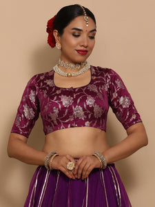 Saanvi x Tyohaar | Elbow Sleeves Satin Viscose Saree Blouse in Violet Meenakari Fabric