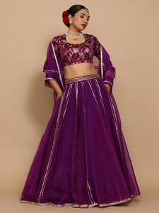 Saanvi x Tyohaar | Elbow Sleeves Satin Viscose Saree Blouse in Violet Meenakari Fabric