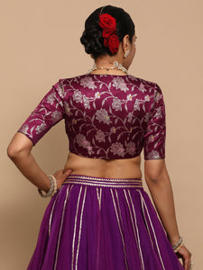 Vani x Tyohaar | Elbow Sleeves Satin Viscose Saree Blouse in Violet Meenakari Fabric