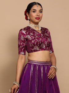 Vani x Tyohaar | Elbow Sleeves Satin Viscose Saree Blouse in Violet Meenakari Fabric