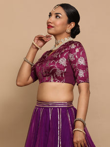 Vani x Tyohaar | Elbow Sleeves Satin Viscose Saree Blouse in Violet Meenakari Fabric