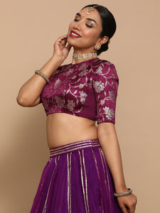 Kavi x Tyohaar | Elbow Sleeves Satin Viscose Saree Blouse in Violet Meenakari Fabric