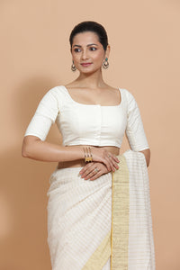 Vritika x Rozaana | Scoop Neck Ivory Mist Plain Cotton Saree Blouse