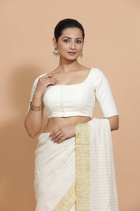 Vritika x Rozaana | Scoop Neck Ivory Mist Plain Cotton Saree Blouse