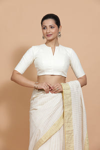 Ananya x Rozaana | Round Neck Ivory Mist Plain Cotton Saree Blouse