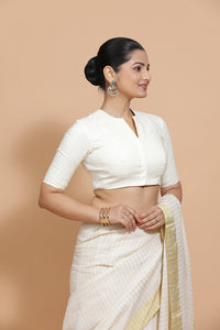 Ananya x Rozaana | Round Neck Ivory Mist Plain Cotton Saree Blouse