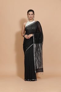 Maheshwari Cotton Silk Black Chameli Butta Saree with Silver Border