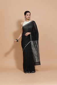 Maheshwari Cotton Silk Black Chameli Butta Saree with Silver Border