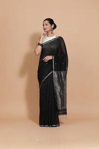 Maheshwari Cotton Silk Black Chameli Butta Saree with Silver Border