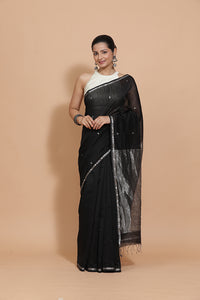 Maheshwari Cotton Silk Black Chameli Butta Saree with Silver Border