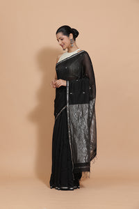 Maheshwari Cotton Silk Black Chameli Butta Saree with Silver Border