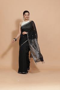 Maheshwari Cotton Silk Black Chameli Butta Saree with Silver Border