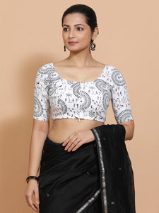 Gargi x Rozaana | Elbow Sleeves Cotton Saree Blouse in White Warli Print Fabric