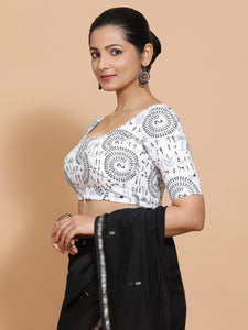 Gargi x Rozaana | Elbow Sleeves Cotton Saree Blouse in White Warli Print Fabric