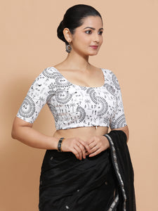 Gargi x Rozaana | Elbow Sleeves Cotton Saree Blouse in White Warli Print Fabric