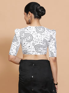 Komal x Rozaana | Elbow Sleeves Cotton Saree Blouse in White Warli Print Fabric