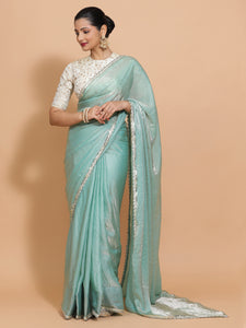 Sophia x Tyohaar | Aqua Sheen Tissue Ready-to-Wear One Minute Saree