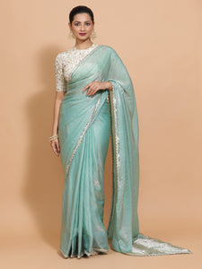 Sophia x Tyohaar | Aqua Sheen Tissue Ready-to-Wear One Minute Saree