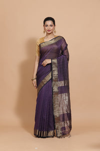 Maheshwari Cotton Silk Deep Violet Pin Check Zari Saree