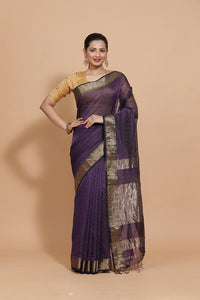 Maheshwari Cotton Silk Deep Violet Pin Check Zari Saree