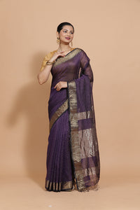 Maheshwari Cotton Silk Deep Violet Pin Check Zari Saree