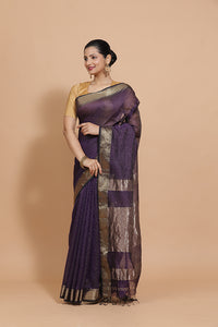 Maheshwari Cotton Silk Deep Violet Pin Check Zari Saree