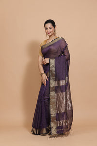 Maheshwari Cotton Silk Deep Violet Pin Check Zari Saree