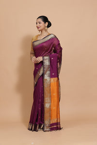 Maheshwari Cotton Silk Deep Purple Saree with Woven lotus Butta