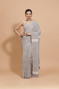 Hand Block Printed Grey Striped Cotton Mulmul saree