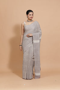 Hand Block Printed Grey Striped Cotton Mulmul saree